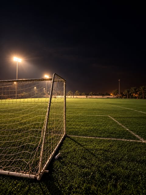 Goal and net on the floodlit pitch