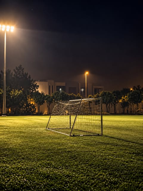 The pitch at night under floodlights